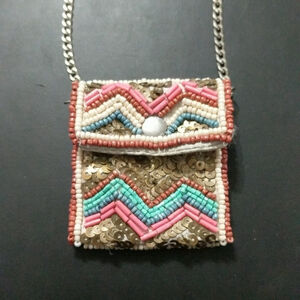Vintage Pink Blue Beaded Silk Pouch on Silver Tone Chain